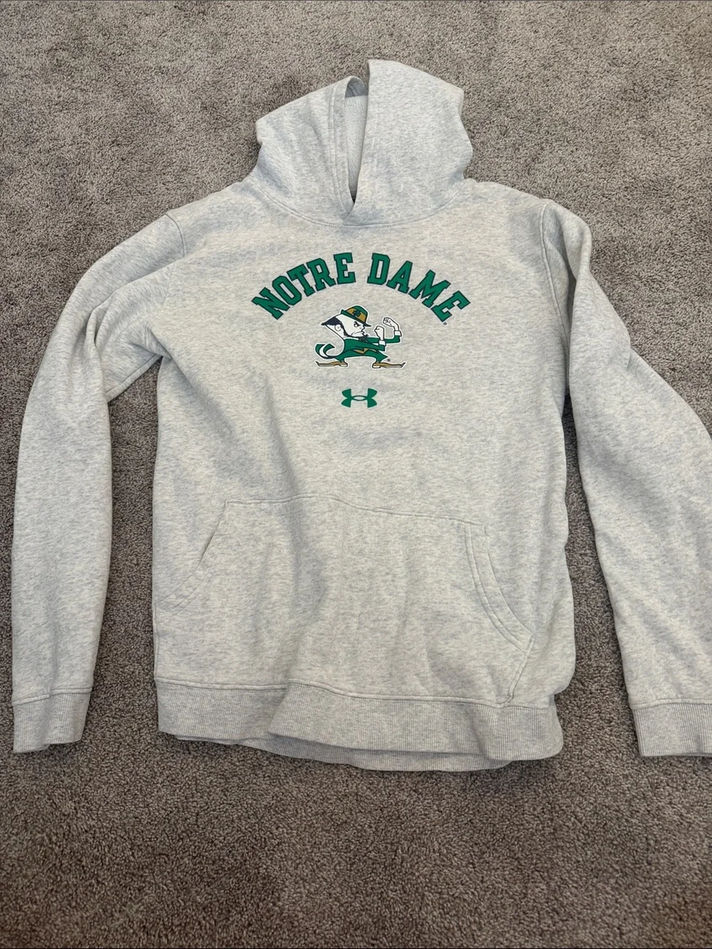 Under Armour Light Gray Notre Dame Hoodie with Green Print